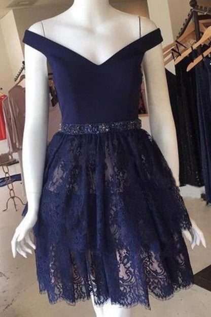 V Neck Navy Blue Straps Beads Lace Homecoming Dresses Short Prom Dresses,BD22021