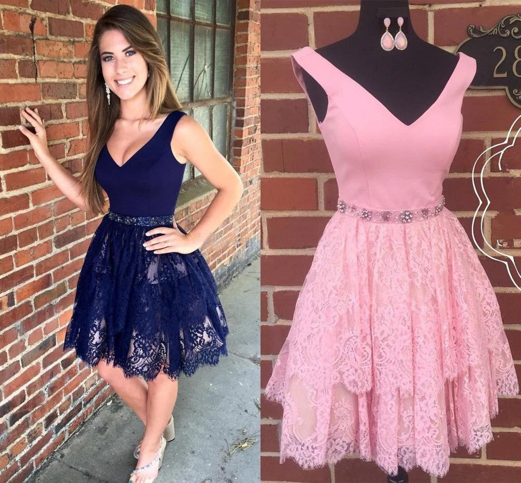 V Neck Navy Blue Straps Beads Lace Homecoming Dresses Short Prom Dresses,BD22021