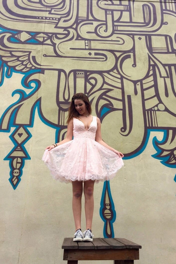 V Neck Pink Beads Lace Backless Homecoming Dresses Above Knee Short Prom Dresses,BD22020