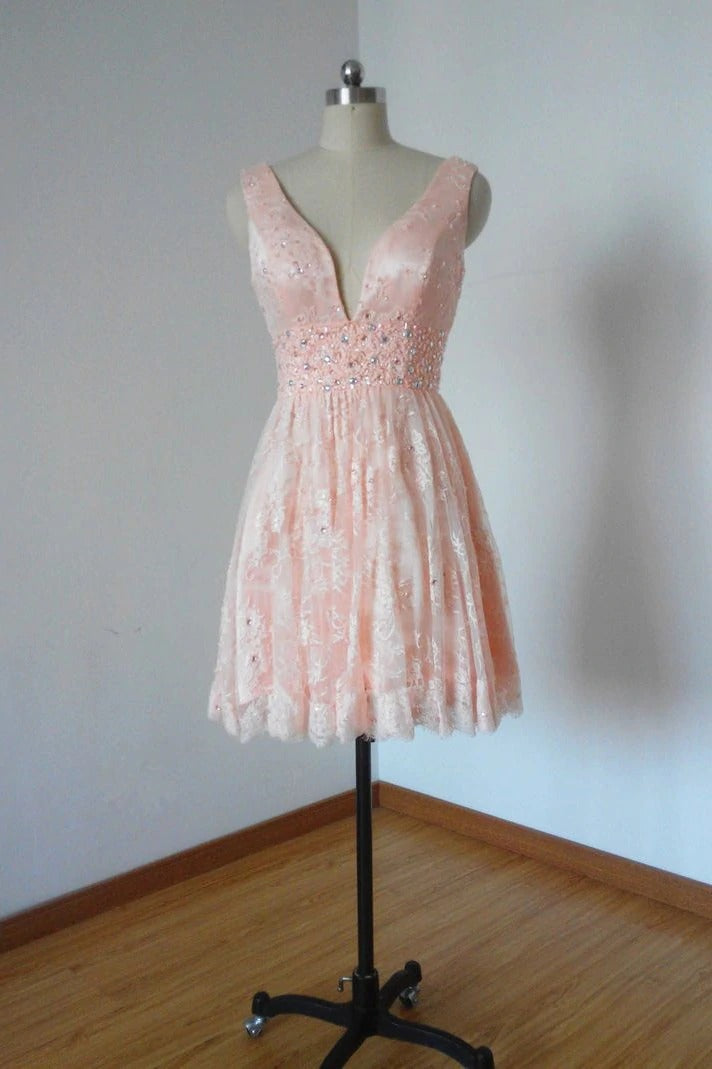 V Neck Pink Beads Lace Backless Homecoming Dresses Above Knee Short Prom Dresses,BD22020