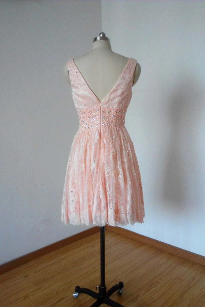 V Neck Pink Beads Lace Backless Homecoming Dresses Above Knee Short Prom Dresses,BD22020