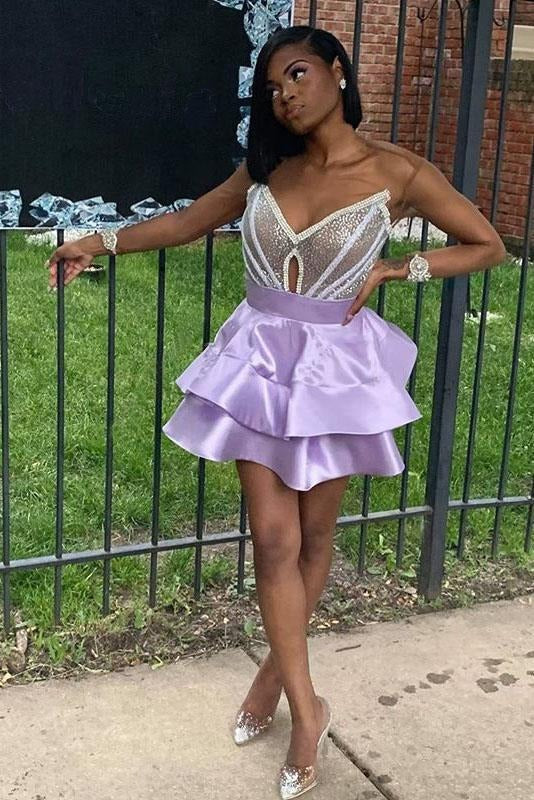 V Neck Purple Strapless Homecoming Dresses Satin Sequins Above Knee Short Prom Dress,BD22019