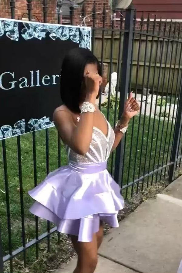V Neck Purple Strapless Homecoming Dresses Satin Sequins Above Knee Short Prom Dress,BD22019