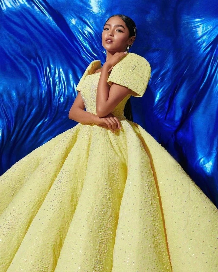Ball Gown Sparkly Yellow Short Sleeves Prom Dresses Evening Dress,BD22034