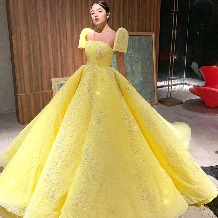 Ball Gown Sparkly Yellow Short Sleeves Prom Dresses Evening Dress,BD22034