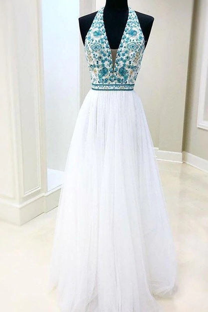White Chiffon Long Prom Dress V Neck Halter With Blue Beaded Bodice Dress Evening Dress,BD22009