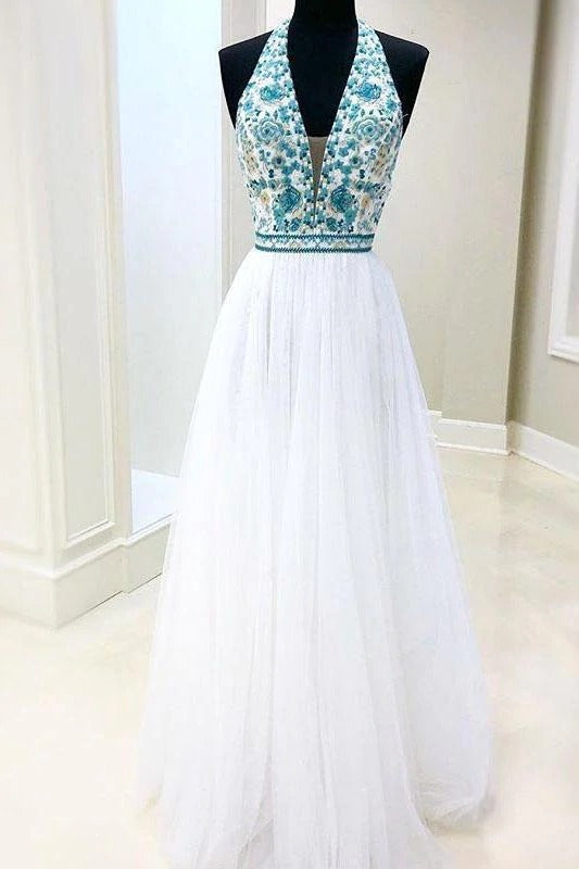 White Chiffon Long Prom Dress V Neck Halter With Blue Beaded Bodice Dress Evening Dress,BD22009