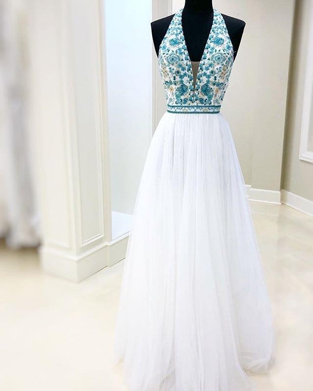 White Chiffon Long Prom Dress V Neck Halter With Blue Beaded Bodice Dress Evening Dress,BD22009