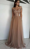 chic champagne tulle off shoulder long prom dress,HO134