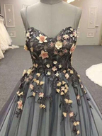 sweetheart black tulle with flower appliques long A-line prom dress,HO105