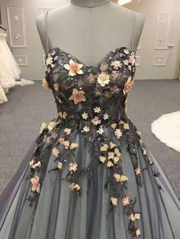 sweetheart black tulle with flower appliques long A-line prom dress,HO105