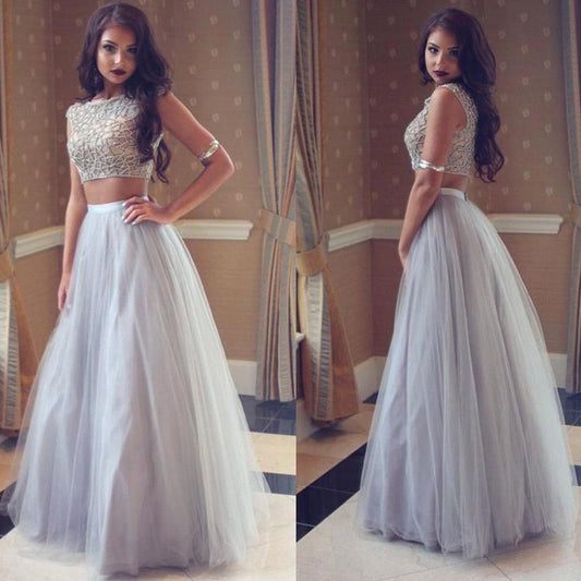 Silver Beaded Two Pieces Long A-line Tulle Prom Dresses, Long Prom Dresses,BD13602