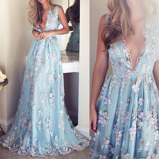 V-neck Sleeveless Blue tulle Appliques Prom Dresses, Affordable Long A-line Prom Dress,BD15302