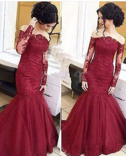 lace Prom Dresses,mermaid prom dress,off shoulder prom Dress,long sleeves prom dress,BD455858