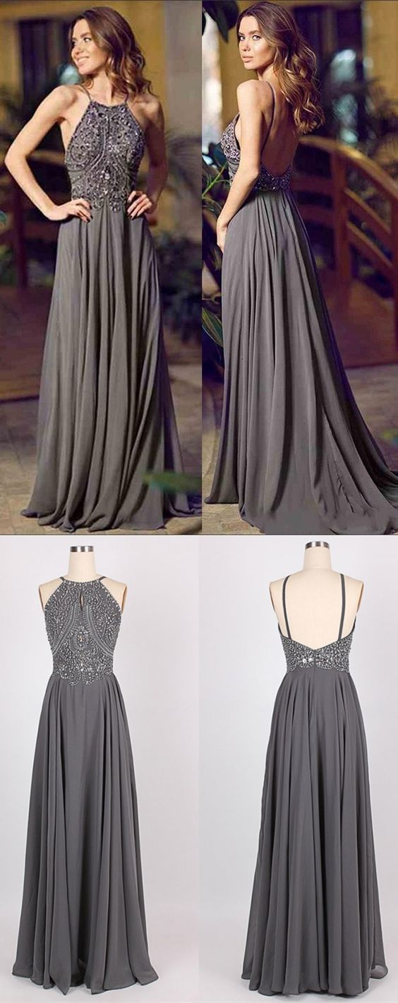 Grey prom dress, backless prom dress, beautiful prom dresses,BD450214