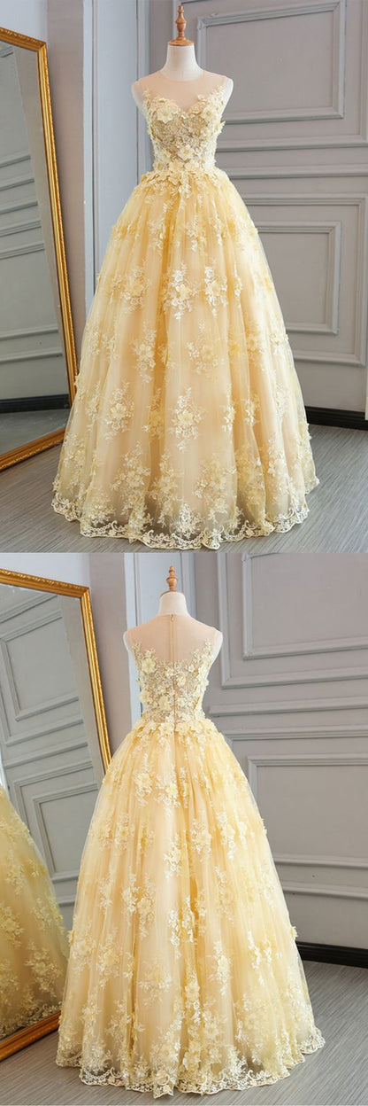 Yellow lace customize long A-line senior prom dress, long lace halter evening dress,PD455876