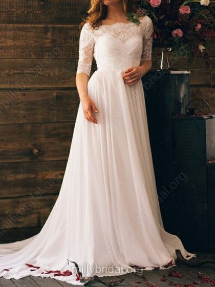 Off-the-shoulder Chiffon Lace And Open Back White Stunning 1/2 Sleeve Wedding Dresses,BD26203