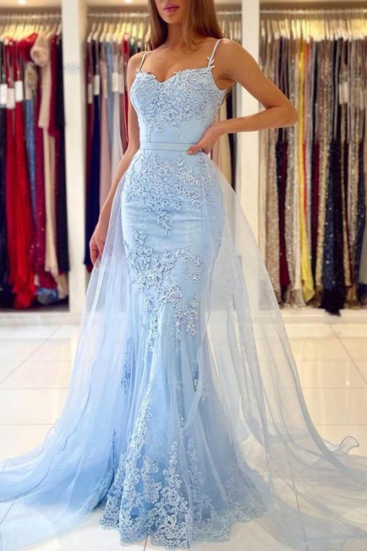 Spaghetti-Straps Lace Mermaid Long Evening Prom Dress Sky Blue,BD22196