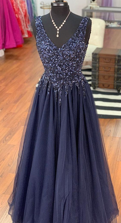 navy blue charming v-neck beaded tulle long prom dress, HO225