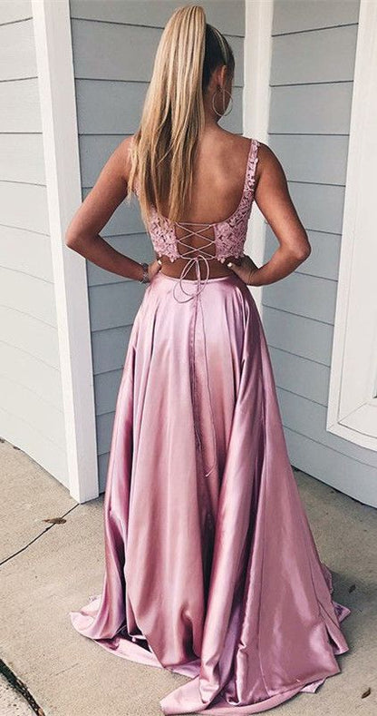 chic two pieces pink long prom dress with side slit,HO203