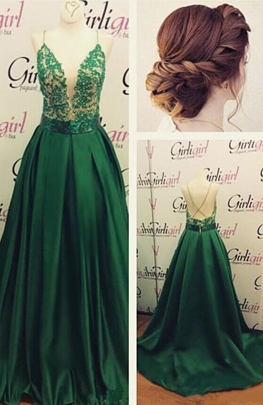 A-line prom dress,long Prom Dress,green prom dress,spaghetti straps evening gown,BD2721