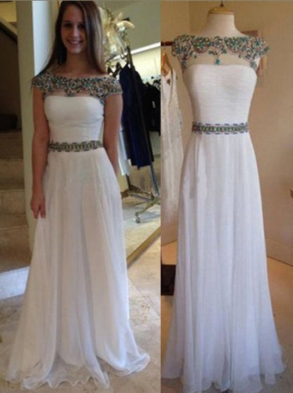 white prom dress,long prom dress,chiffon prom dress,cap sleeves prom dress,princess evening gown,BD2617