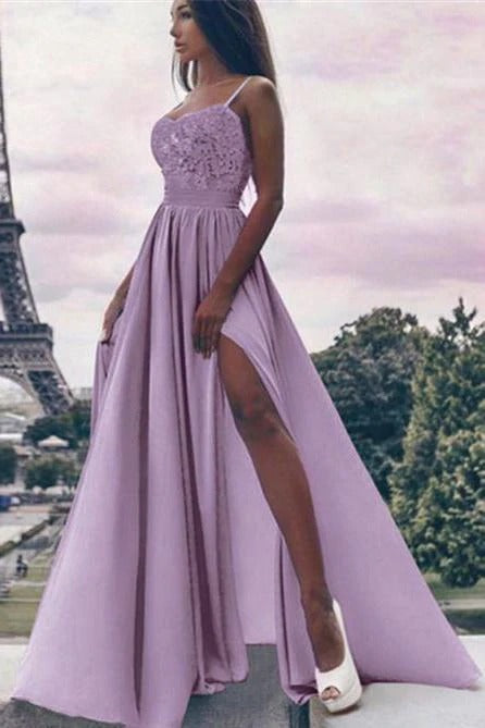 A Line Spaghetti Straps High Slit Sweetheart Chiffon Lace Appliques Prom Dresses,BD22014