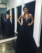 Elegant v neck lace long prom dress, formal dresses,BD1107