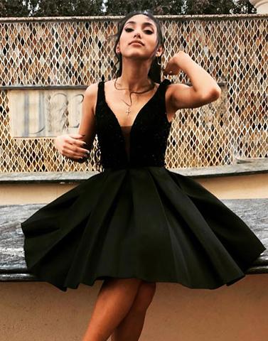 Black v neck short prom dress, homecoming dress