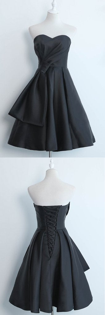 Simple Black Satin Strapless Short Prom Dress, Black Home Party Dress, BH91217