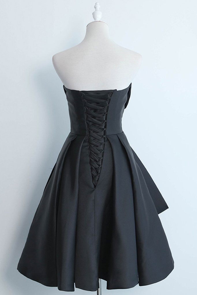Simple Black Satin Strapless Short Prom Dress, Black Home Party Dress, BH91217