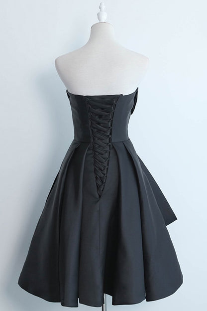 Simple Black Satin Strapless Short Prom Dress, Black Home Party Dress, BH91217