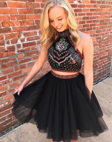 Cute black two pieces short prom dress, homecoming dress, bridesmaid dresses,BD11002