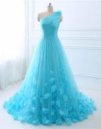 Blue one shoulder tulle long prom dress, evening dress,BD98002