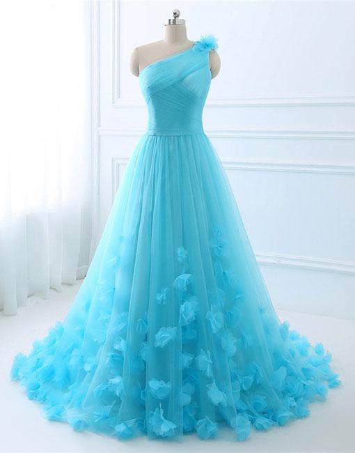 Blue one shoulder tulle long prom dress, evening dress,BD98002