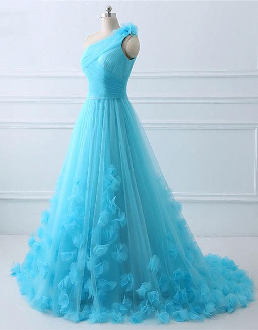 Blue one shoulder tulle long prom dress, evening dress,BD98002