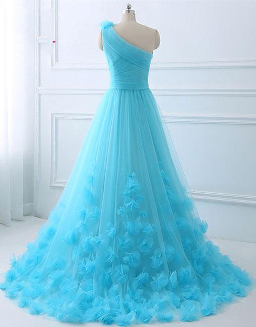 Blue one shoulder tulle long prom dress, evening dress,BD98002