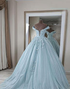 Blue v neck lace long prom dress, off shoulder evening dress