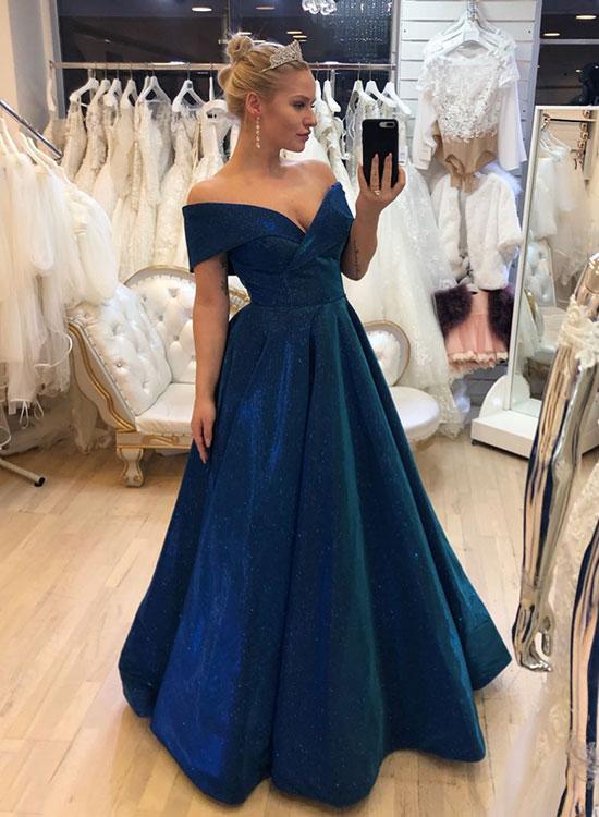 A Line V Neck Long Prom Dress, Off The Shoulder Evening Dress, BH91295