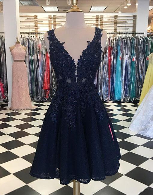 Blue v neck lace short prom dress, homecoming dress BD98004