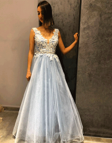 Light blue v neck tulle long prom dress, lace evening dress,PD790017