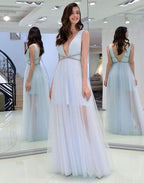 Light blue v neck tulle long prom dress,evening dresses,072504
