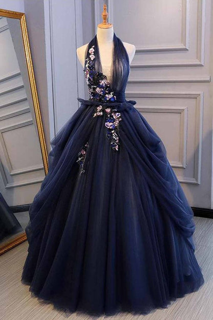 Navy Blue Tulle Backless V Neck Long Flower Lace Senior Prom Dress, BH91220