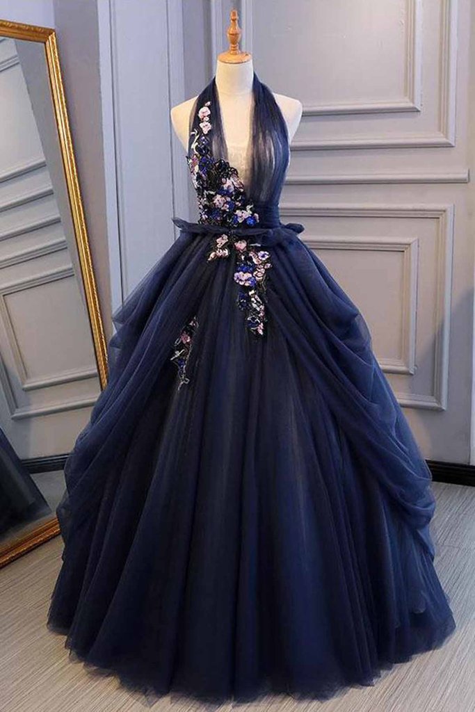 Navy Blue Tulle Backless V Neck Long Flower Lace Senior Prom Dress, BH91220