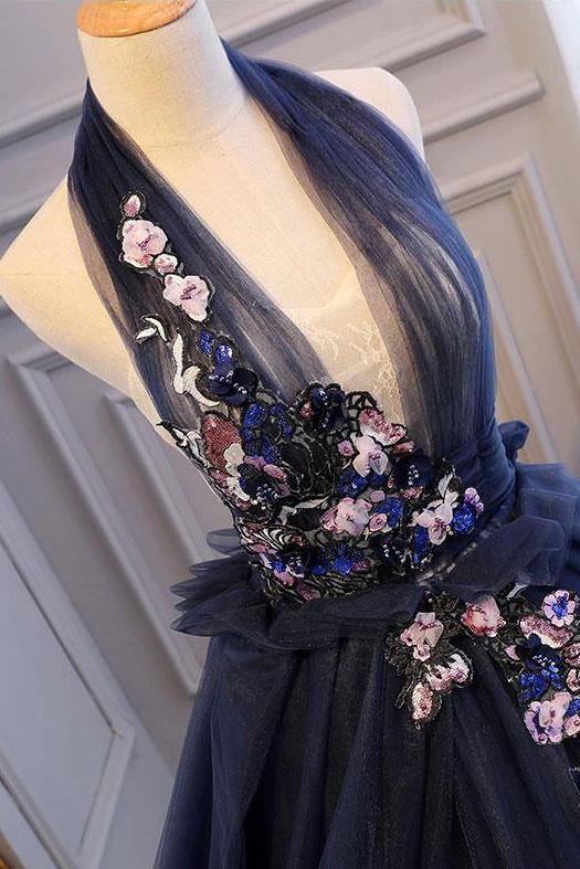 Navy Blue Tulle Backless V Neck Long Flower Lace Senior Prom Dress, BH91220