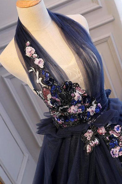 Navy Blue Tulle Backless V Neck Long Flower Lace Senior Prom Dress, BH91220