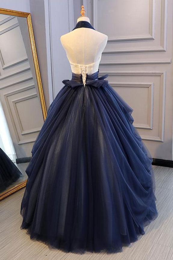 Navy Blue Tulle Backless V Neck Long Flower Lace Senior Prom Dress, BH91220