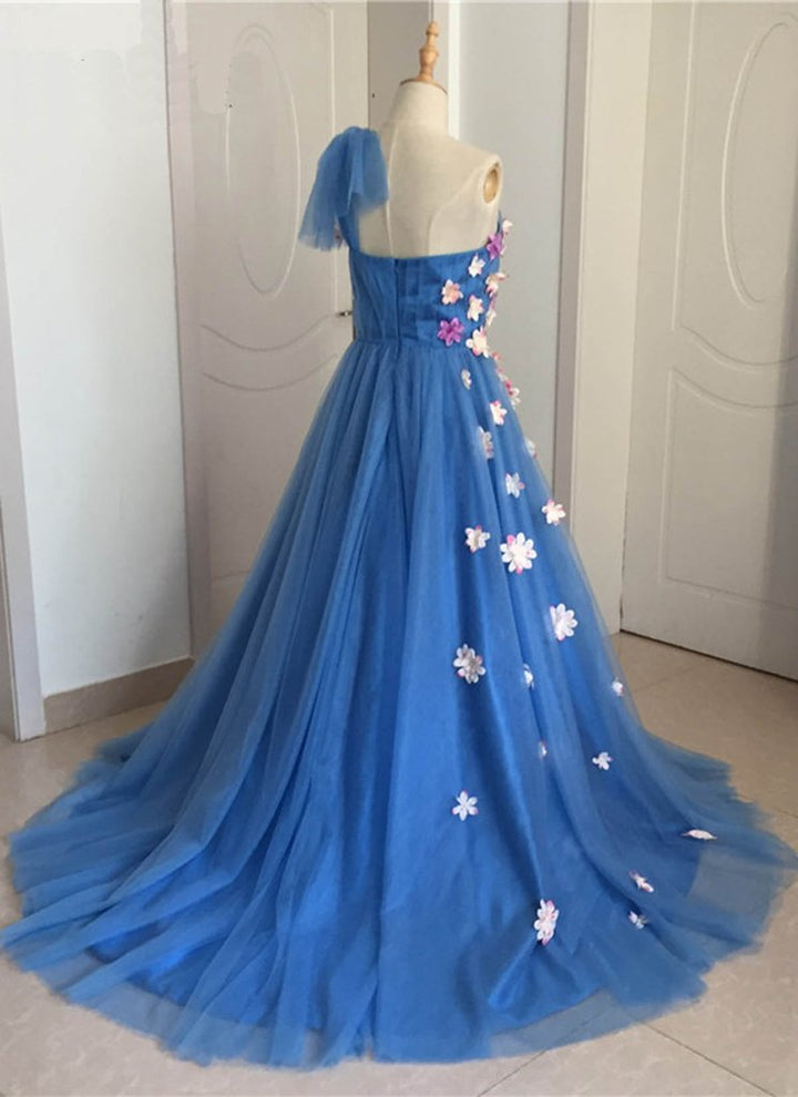 Blue Tulle One Shoulder Long Lace Applique Sweet 16 Prom Dress, BH91221