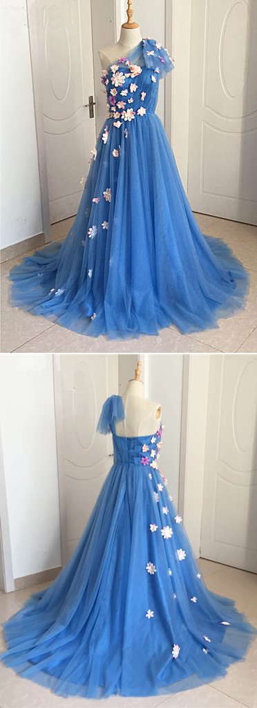 Blue Tulle One Shoulder Long Lace Applique Sweet 16 Prom Dress, BH91221