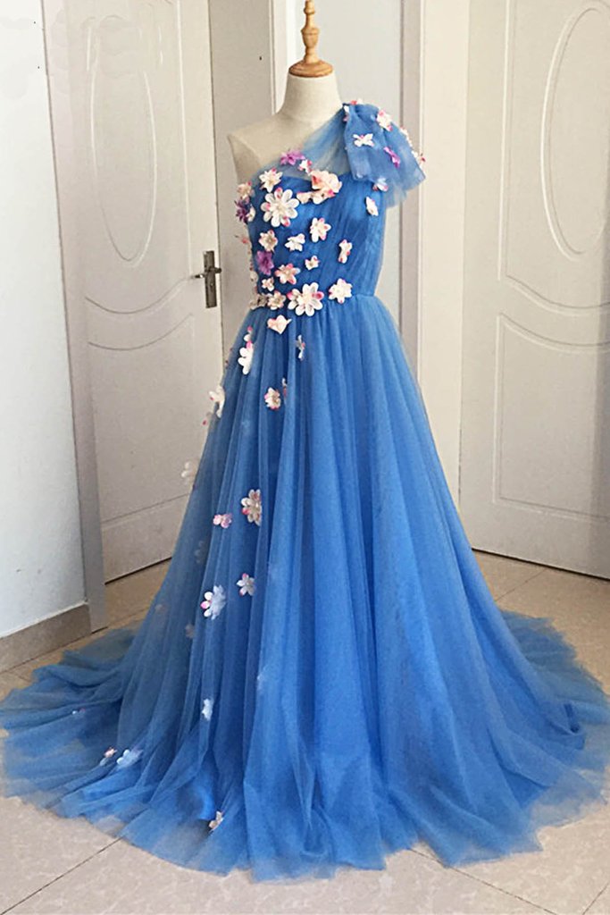 Blue Tulle One Shoulder Long Lace Applique Sweet 16 Prom Dress, BH91221